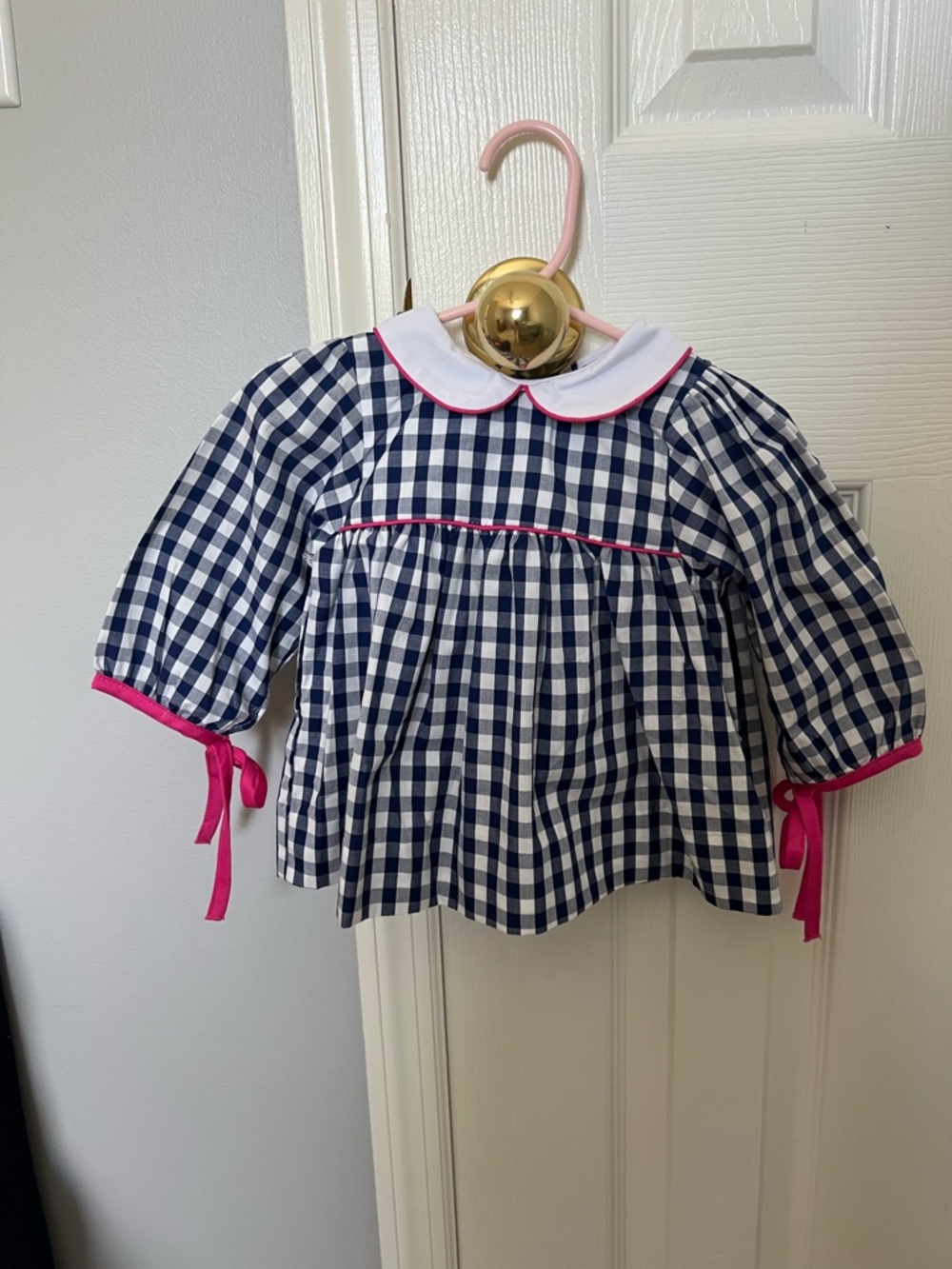 The Smocking Bug Navy Gingham Baby Top & Bloomers with Pink Trim